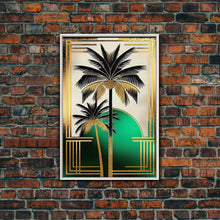 Load image into Gallery viewer, Boho Modern Frank Lloyd Wright-inspired Art Deco Canvas Print, Emerald Green and Gold Palm Tree, wall decor, wall art original, MCM Art
