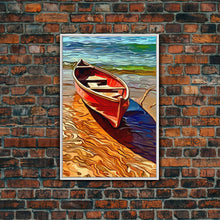 Load image into Gallery viewer, Abandoned Canoe On The Lake, Framed Canvas Print, Oil Painting Style, Abstract Wall Art, Lakehouse Wall Decor, Boho Art
