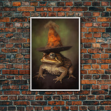 Load image into Gallery viewer, Frog Wall Art, Frog Wearing Witch Hat, Funny, Animal Wall Art, Nature, Modern Print, Wall Decor, Canvas Print, Wall Art, Framed Canvas
