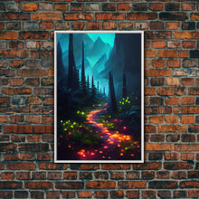 Load image into Gallery viewer, Luminescent magical forest canvas print, glowing trail though the trees, fantasy art

