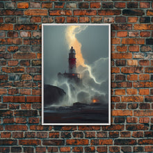 Load image into Gallery viewer, Lighthouse Oil Painting Canvas Print, Lightning striking a lighthouse during a dark stormy night, gloomy wall art
