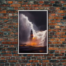 Load image into Gallery viewer, Lightning striking a burning lighthouse, canvas print, oil painting style, dark and gloomy wall art
