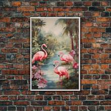Cargar imagen en el visor de la galería, Flamingo Art Print, Tropical Wall Art, Palm Trees, Canvas Print, Wall Art, Vertical Print, Modern House Art, Gift For Boss, Bedroom Prints
