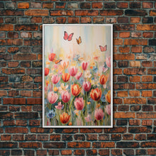 Load image into Gallery viewer, Tulip Field Wall Art, Flower Wall Print, Colorful Art, Butterfly Art, Canvas Print, Wall Art, Vertical Print, Birthday Gift, House Wall Art
