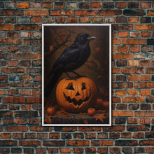 Load image into Gallery viewer, Crow Atop A Jack O Lantern, Framed Canvas Print, Halloween Decor, Raven Painting, Victorian Oil Painting Print, Macabre Horror Print
