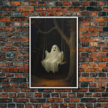 Load image into Gallery viewer, The Happy Playground Ghost, Funny Halloween, Vintage Halloween Canvas, Framed Canvas Print, Cute Wall Art, Ghost On A Swing, Macabre Art
