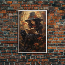 Carregar imagem no visualizador da galeria, Cute Little Witch Reading Spells To Her Black Cat Familiar, Vintage Halloween Art, Framed Canvas Print, Halloween Canvas Art, Witchcraft
