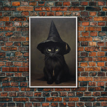 Carregar imagem no visualizador da galeria, Cute Witch&#39;s Familiar Cat Halloween Art, Cat Witch, Cat Painting, Cute Cat Print, Halloween Decor, Black Cat Print, Framed Canvas / Canvas
