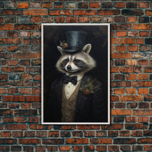 Load image into Gallery viewer, Distinguished Dapper Gentleman Raccoon, Funny Animal Prints, Humorous Art, Framed Canvas, Wall Art, Canvas Print, Funny Halloween Decor
