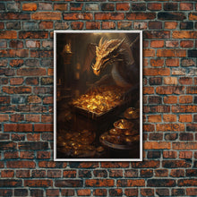Load image into Gallery viewer, Dragon Art, Fantasy Art, Treasure Chest, Canvas Print, Wall Hanging, Portrait Art, Video Game Art, Nerdy Home Decor, Gift For Friend
