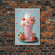 Load image into Gallery viewer, A Strawberry Sunday, Ice Cream Art, Framed Canvas Print, Ice Cream Parlor Decor, Icecream Shop Wall Art, MCM Style Decor, Kitchen decor
