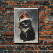 Carregar imagem no visualizador da galeria, Black Christmas Cat Wearing A Santa Hat, Framed Canvas Print, Christmas Decor, Xmas Wall Art, Holiday Decor, Seasonal Wall Decor
