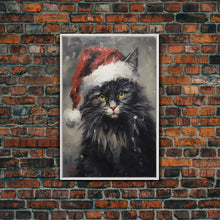 Cargar imagen en el visor de la galería, Christmas Cat In His Christmas Hat, Framed Canvas Print, Holiday Decor, Framed Canvas Print, Seasonal Wall Art
