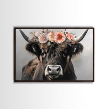 Load image into Gallery viewer, Framed Canvas Wall Art, Cute Cow Wearing Flowers, Farmhouse Decor, Farmhouse Wall At, Extra Large Boho Decor, Modern Art, Minimalist Rustic

