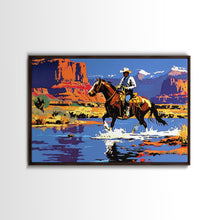 Load image into Gallery viewer, Crossing The Colorado River, Framed Canvas Print, Kitsch Western Wall Art, Colorful Western Painting Original Artwork, Pop Art Painting
