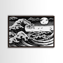 Carregar imagem no visualizador da galeria, Black and White Wave Canvas Print, Hokusai Inspired Wall Art, Woodblock Print Style, Wall Art, Vintage Style Wall Art
