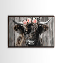 Load image into Gallery viewer, Framed Canvas Wall Art, Cute Highland Cow Print, Modern Wall Art Farmhouse Decor, Fun Rustic Farmhouse Art, Life On The Farm, Cow and Flower
