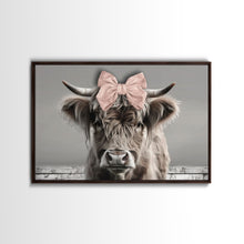 Carregar imagem no visualizador da galeria, Framed Canvas Print, Cute Highland Cow Wearing A Pink Bowtie, Framed Wall Decor, Rustic Minimalist Farmhouse Decor, Western Art
