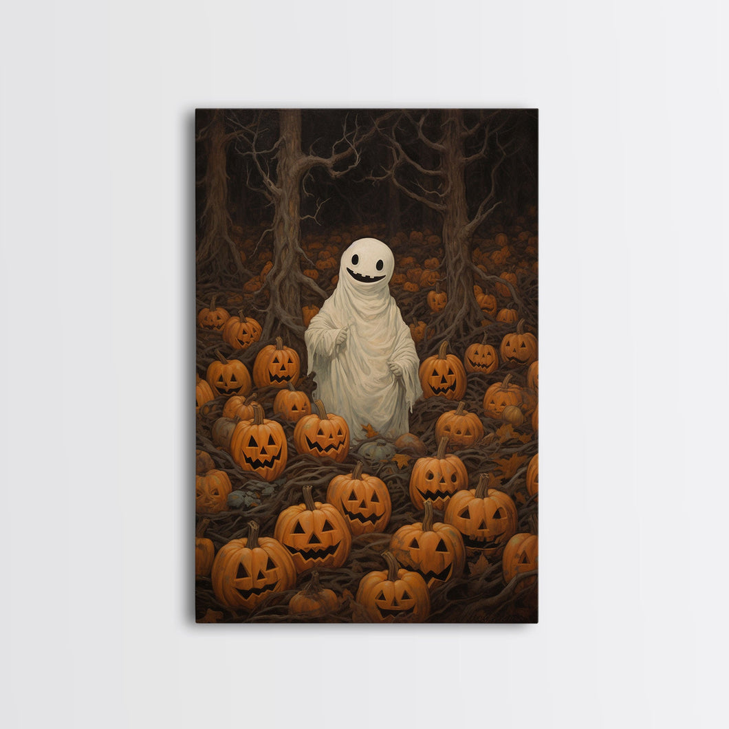 Fall Omens - Spooky Ghost In A Pumpkin Patch, Halloween Decor, Fall Art, Framed Canvas Print, Spooky Halloween Decor