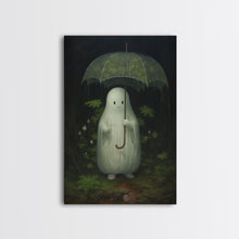 Carregar imagem no visualizador da galeria, Ghost Holding an Umbrella In The Rain, Vintage Halloween Canvas Print, Framed Canvas, Halloween Wall Art, Dark Academia, Spooky Haunted
