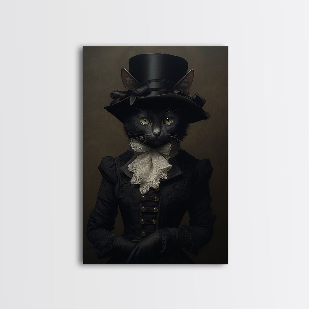 Cute Renaissance Cat, Black Cat Print, Goth Home Decor, Art Canvas Print, Dark Academia, Gothic Victorian, Halloween Decor, Witch Familiar