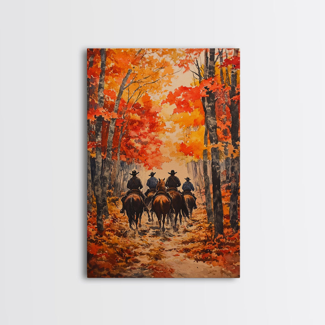 Cowboys Riding Into Town On Thanksgiving, Western Fall Decor, Framed Canvas Print, Autumn Outdoor Decor, Christmas poster