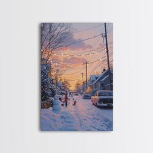 Load image into Gallery viewer, Cozy Neighborhood Christmas Evening with Snowmen and Festive Lights, Perfect for Framed Canvas Print and Holiday Wall Art

