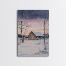 Load image into Gallery viewer, Barn In The Winter, Framed Canvas Print, Winter Landscape Print, Rustic Christmas Art, Primitive Decor
