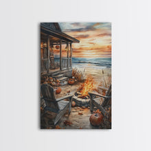 Carregar imagem no visualizador da galeria, Beach Campfire On The Fall, Framed Canvas Print, Boho Beach Art Nautical Decor, Modern Christmas / Thanksgiving Gift Wall Art
