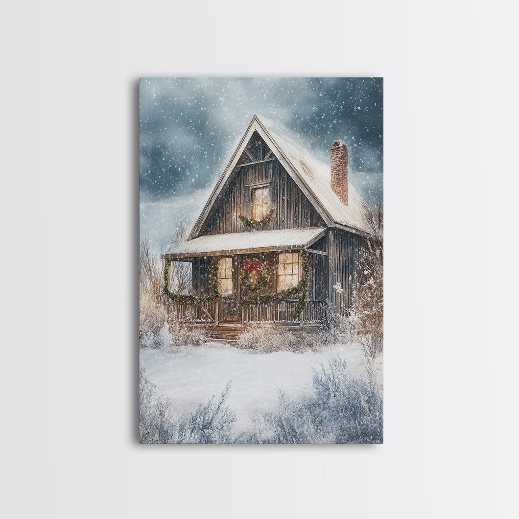 Beautiful Woods Cabin Framed Canvas Print, Extra Large Fall Decor, Mid Century Modern Winter Wall Art, Modern Christmas