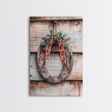 Cargar imagen en el visor de la galería, Christmas Horseshoe Framed Canvas Print, Horse Shoe With Mistletoe, Wood Framed Christmas Art, Western Decor, Boho Christmas, Minimalist
