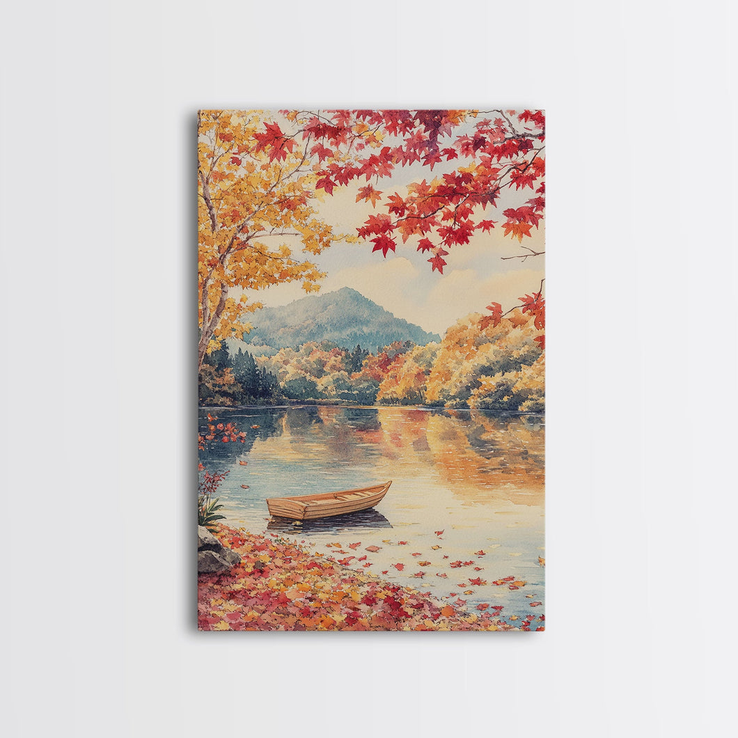 Canoe On A Serene Fall Lake, Framed Canvas Print, Autumn Decor, Fall Wall Art, Fall Poster, Autumn Prints Wall Art