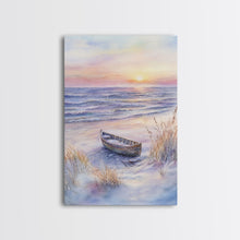Carregar imagem no visualizador da galeria, Abandoned Canoe On The Beach, Framed Canvas Print, Nautical Decor, Christmas Outdoor Decor, Christmas Prints Wall Art
