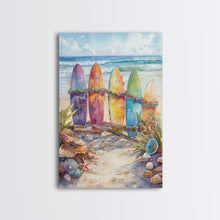 Cargar imagen en el visor de la galería, Christmas Surfboards On A Snowy Beach, Framed Canvas Print, Tropical / Nautical Christmas Art or Gift Idea, Christmas Poster
