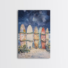 Cargar imagen en el visor de la galería, Christmas Surfboards On A Snowy Beach, Framed Canvas Print, Tropical / Nautical Christmas Art or Gift Idea, Christmas Poster
