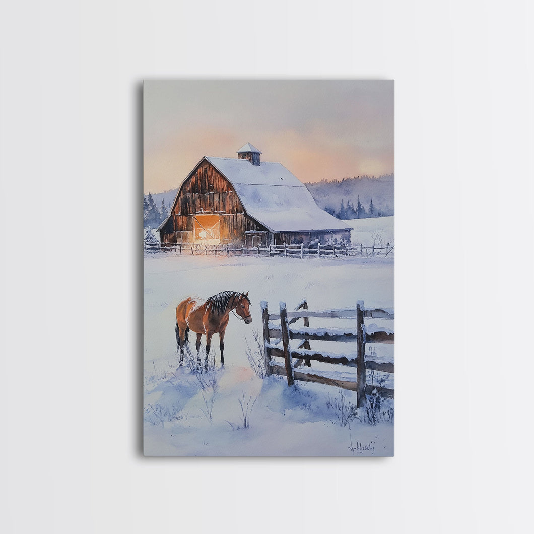 Christmas On The Farm, Winter Wall Art Framed Canvas Print, Gift Idea, Seasonal Decor, Barn Painting, Farmhouse Art