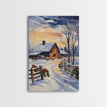Cargar imagen en el visor de la galería, Christmas On The Farm, Winter Wall Art Framed Canvas Print, Gift Idea, Seasonal Decor, Barn Painting, Farmhouse Art
