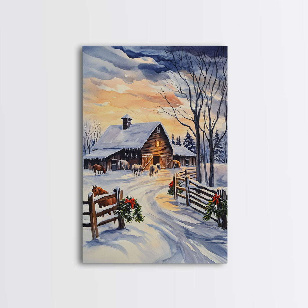 Christmas On The Farm, Winter Wall Art Framed Canvas Print, Gift Idea, Seasonal Decor, Barn Painting, Farmhouse Art