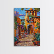 Carregar imagem no visualizador da galeria, Bright Mexican Style Courtyard Tall Art Framed Canvas Print Featuring Vibrant Architecture And Desert Scenery
