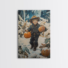 Load image into Gallery viewer, Cowboy Christmas Decor Framed Canvas Print with Pumpkin in Snow, Rustic Holiday Home Wall Art and Seasonal Gift Idea 2024
