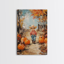 Carregar imagem no visualizador da galeria, Autumn Cowboy Decor Canvas Print with Pumpkins, Fall Holiday Wall Art and Seasonal Gift Idea 2024
