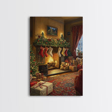 Load image into Gallery viewer, Cozy Christmas Mantle Decor Framed Canvas Print With Stockings Hanging And Presents By The Fire, Seasonal Holiday Wall Art Farmhouse Style
