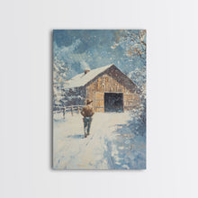 Load image into Gallery viewer, Cowboy Walking in Snow Scene Framed Canvas Print - Moody Landscape Art for Winter Home Decor 2024 Rustic Winter Wall Art

