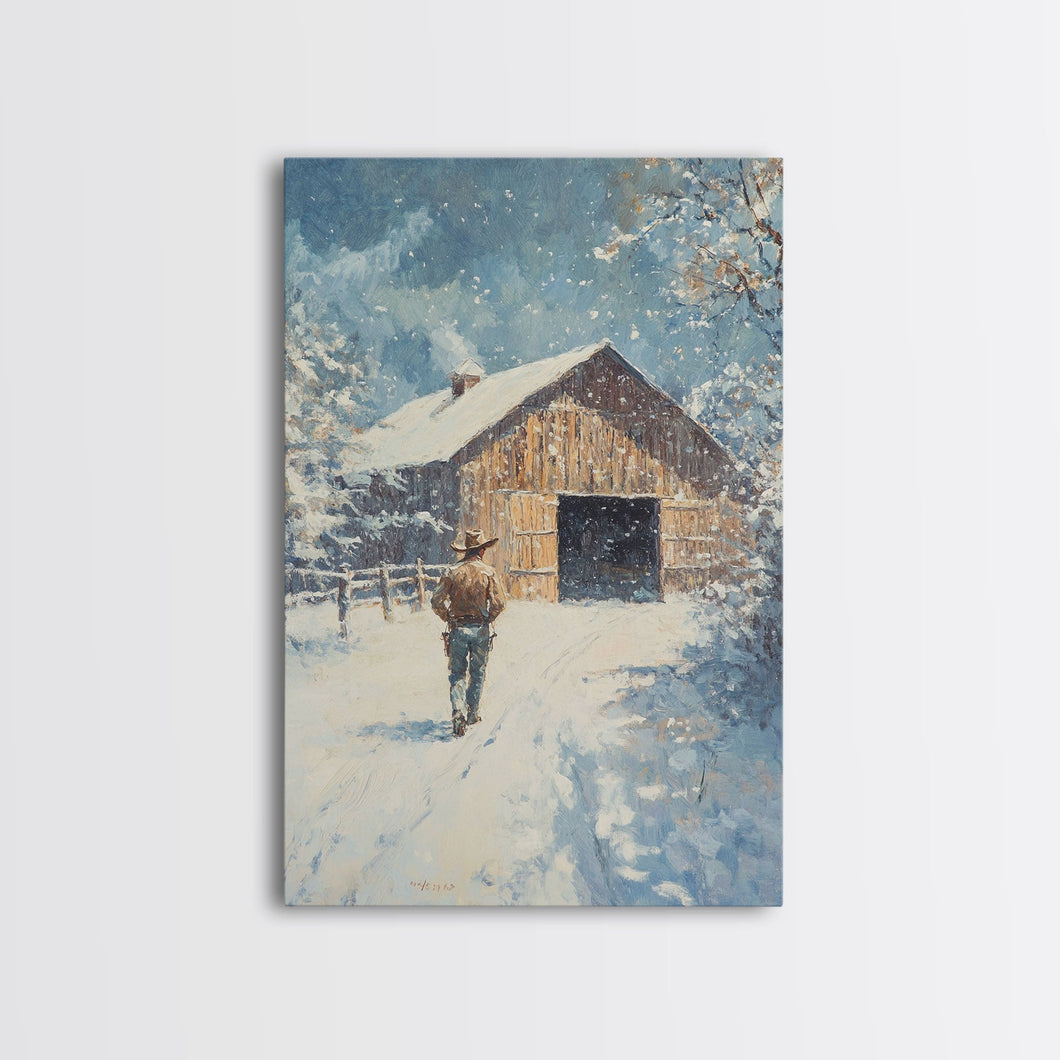 Cowboy Walking in Snow Scene Framed Canvas Print - Moody Landscape Art for Winter Home Decor 2024 Rustic Winter Wall Art