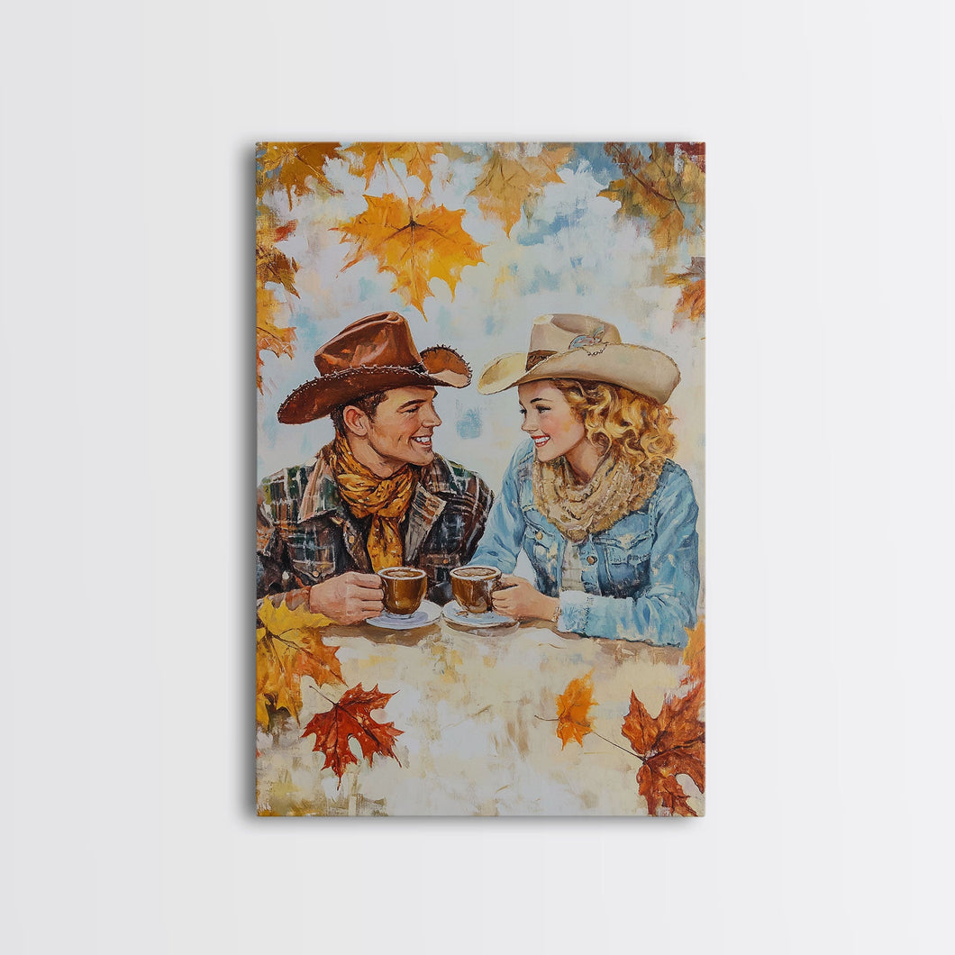 Cowboy and Cowgirl Fall Scene Framed Canvas Print - 2024 Rustic Autumn Love Country Art Gift Idea Fall Wall Decor