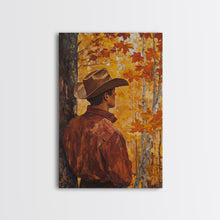Load image into Gallery viewer, Cowboy in Autumn Forest Framed Canvas Print - Rustic Fall Wall Art Perfect Gift Idea 2024 Country Decor - Moody Landscape Art
