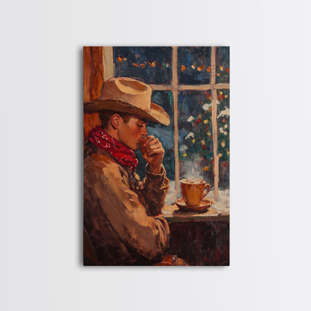 Cowboy in Snow with Coffee Framed Canvas Print - Winter Country Scene Art 2024 Cozy Christmas Wall Decor and Gift Idea