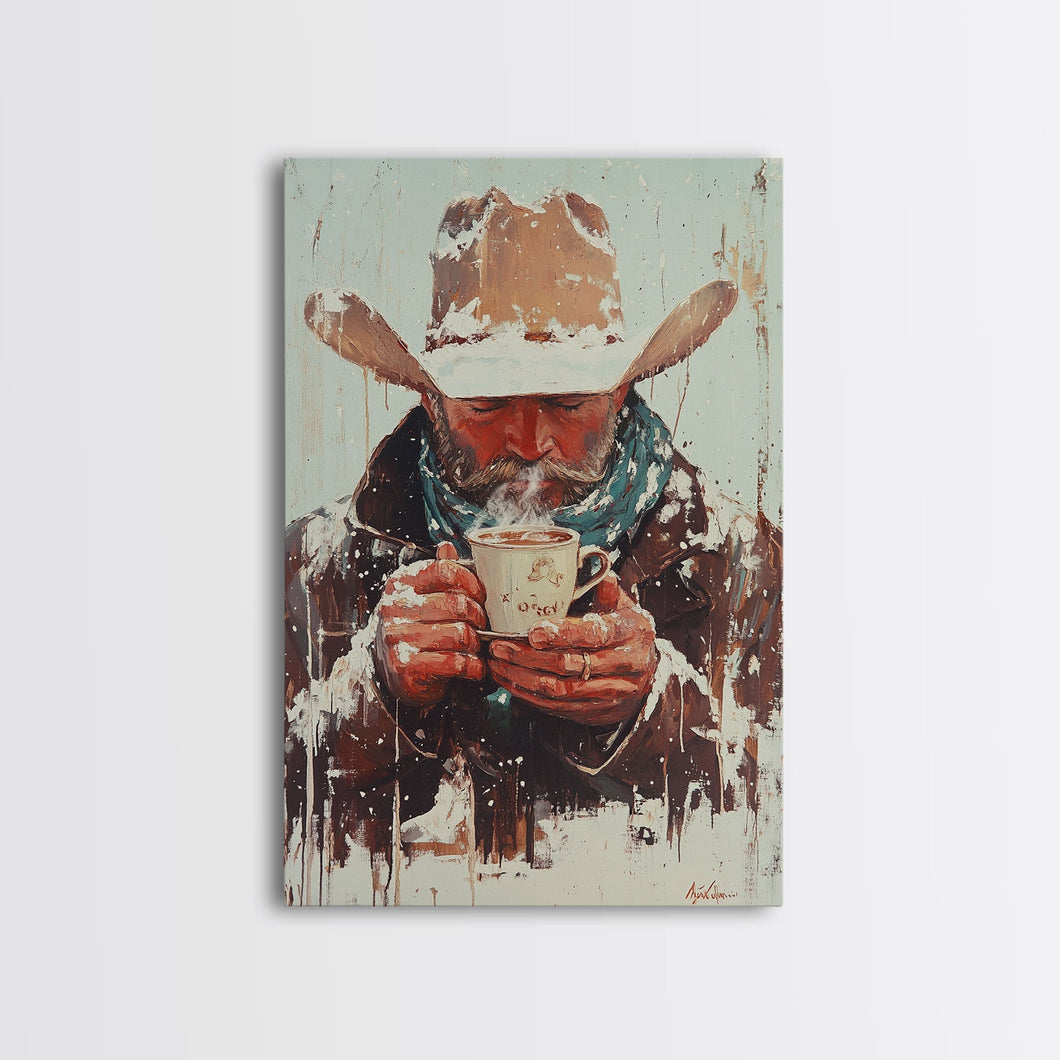 Cowboy Riding Horse in Winter Forest Framed Canvas Print - Moody Winter Landscape Art Perfect 2024 Christmas Home Decor