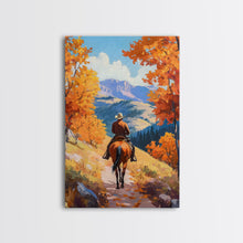 Load image into Gallery viewer, Cowboy Riding Through Autumn Mountains Framed Canvas Print Fall Landscape Art Christmas Decor Seasonal Wall Art Cowboy Christmas Gift Idea
