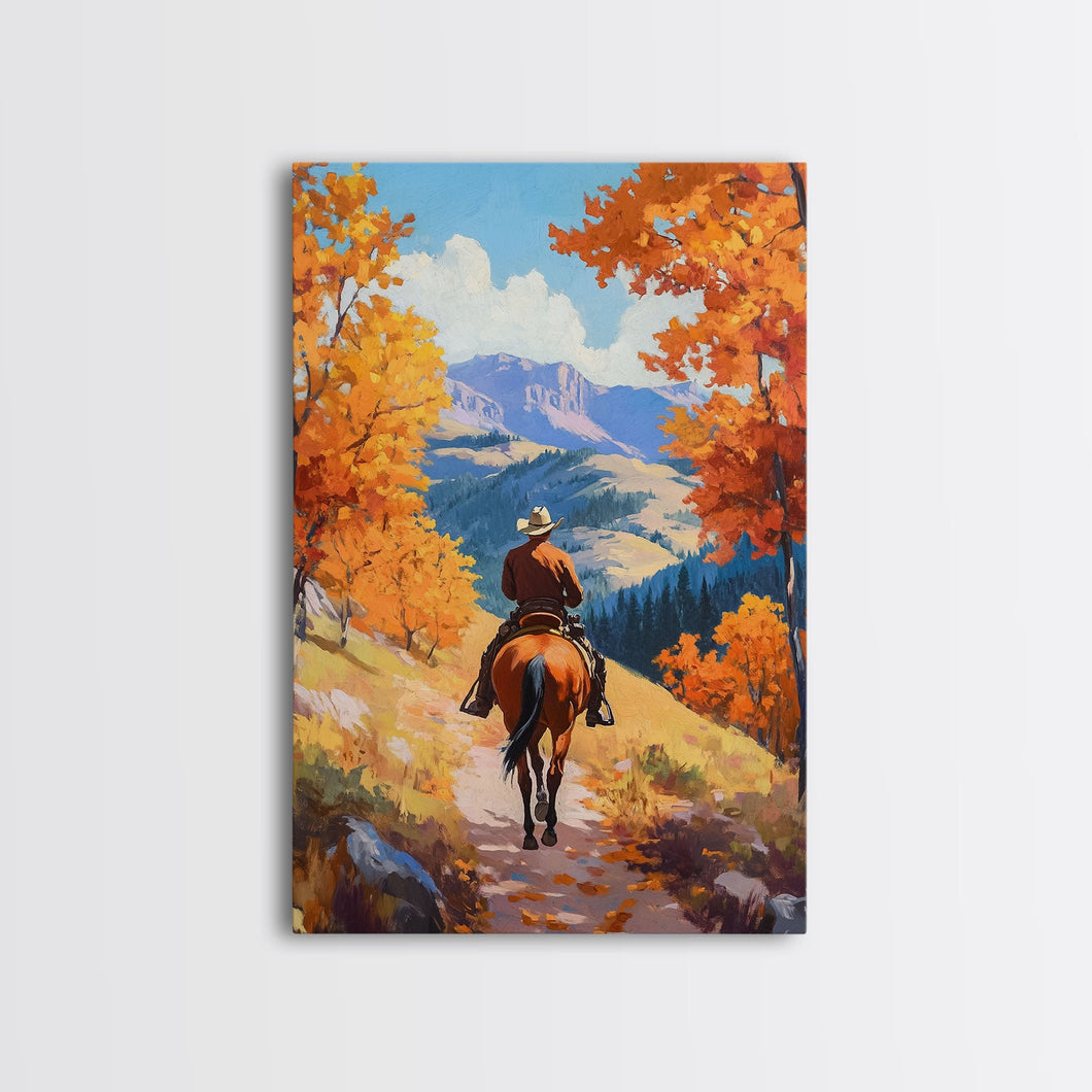 Cowboy Riding Through Autumn Mountains Framed Canvas Print Fall Landscape Art Christmas Decor Seasonal Wall Art Cowboy Christmas Gift Idea